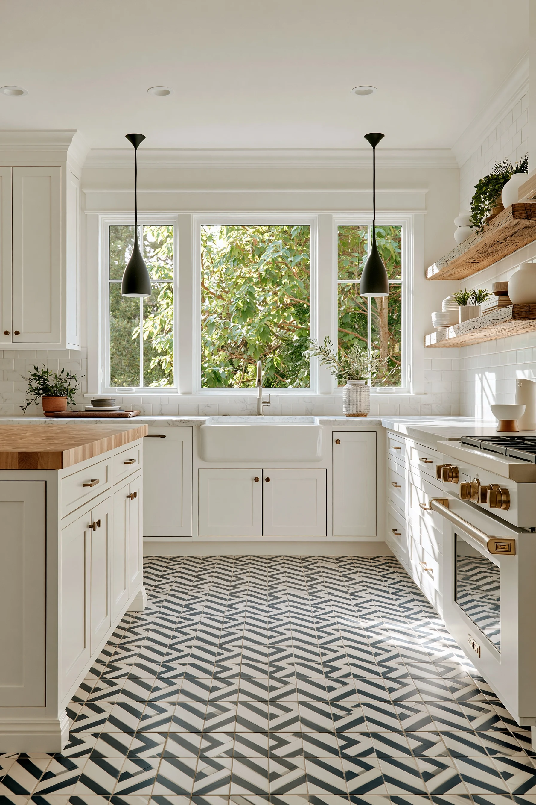 Bright white kitchen with patterned tile flooring and leafy views through the windows
