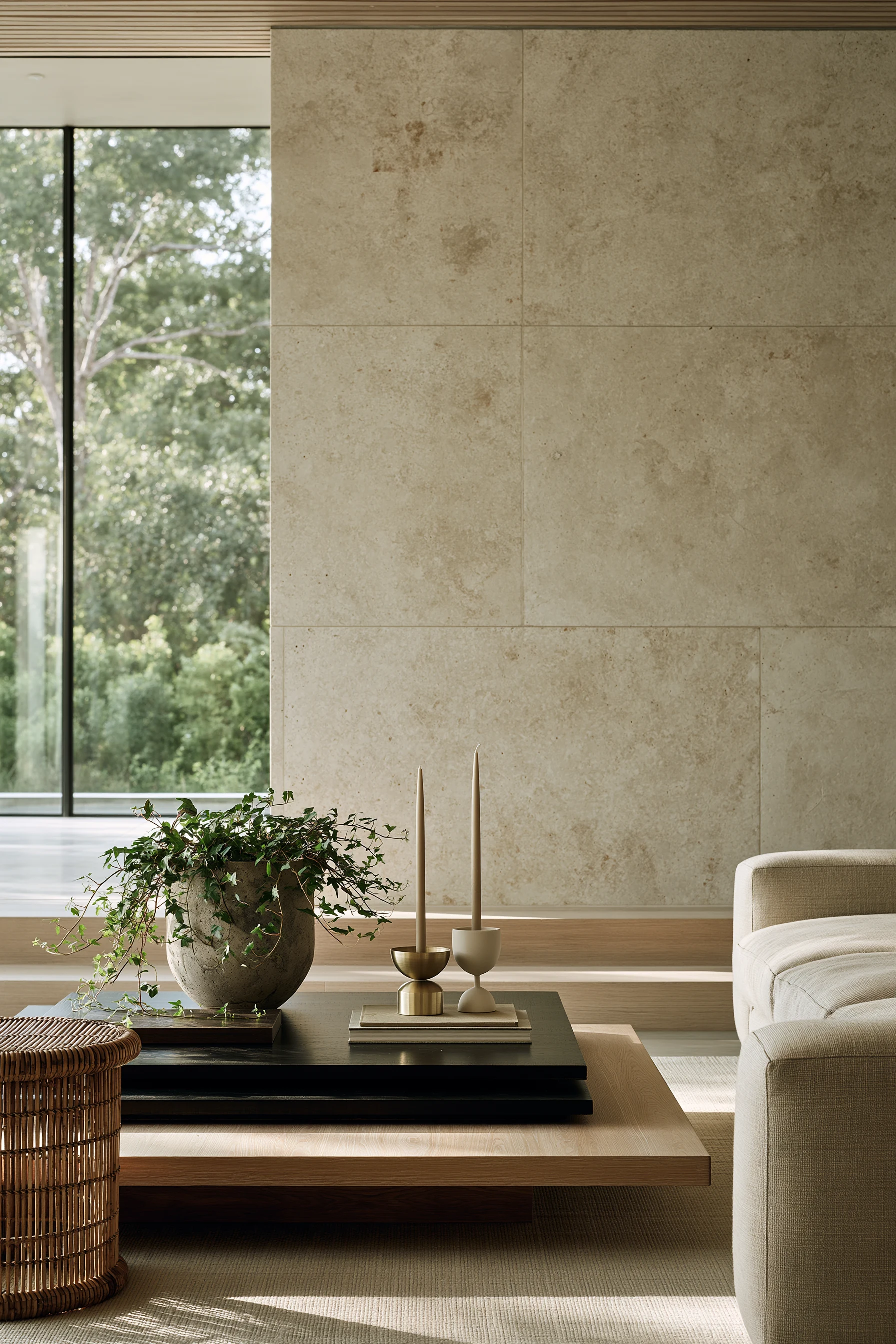 Calm living room with a limestone wall, a low oak and black table holding trailing ivy and taper candles, beside a tall window of green trees